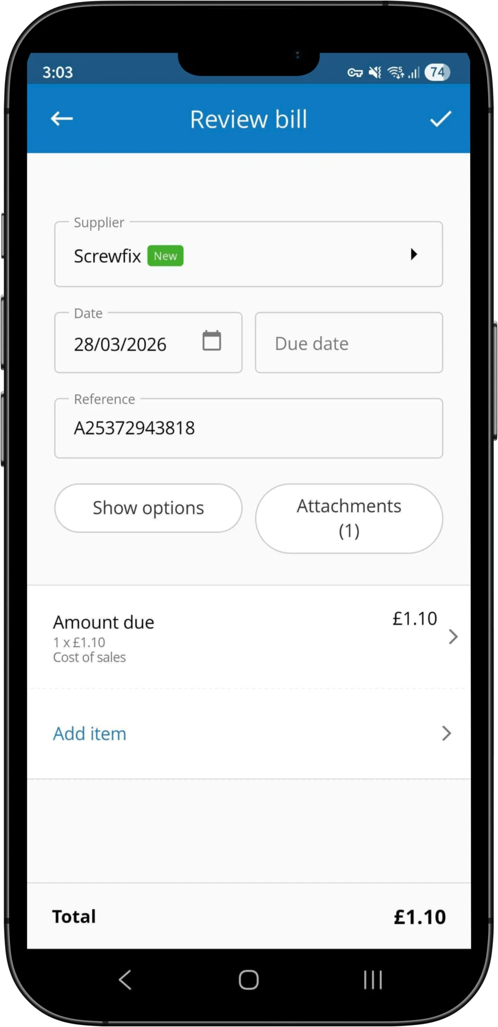 Auto Bills extracting a supplier bill ready to review in Clear Books Mobile