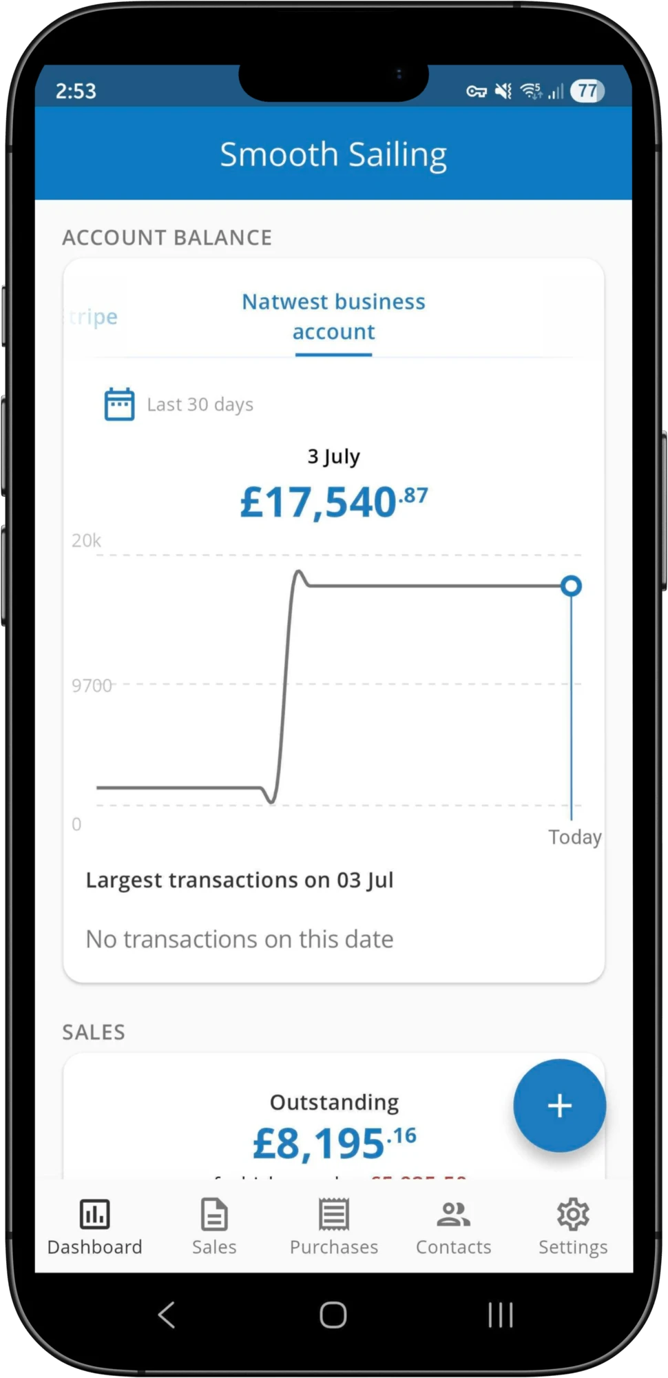 The Clear Books Mobile dashboard showing account balance and a 30-day chart