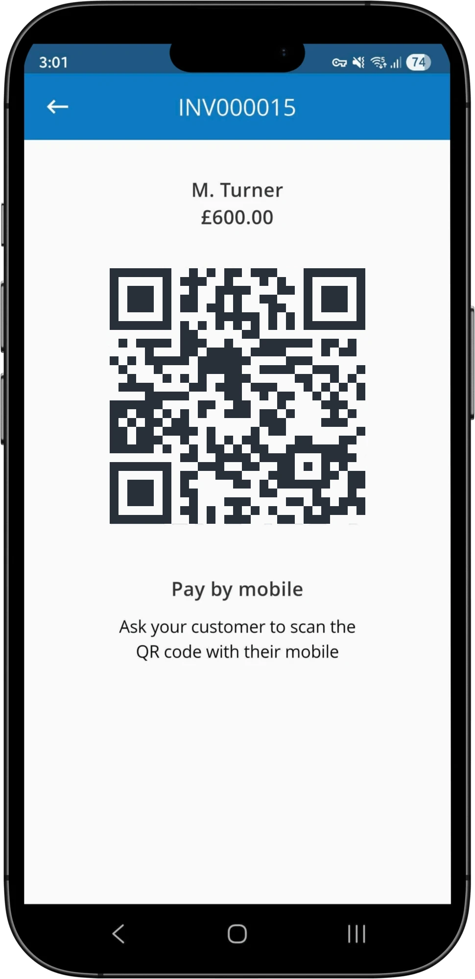 Accepting an Instant Bank Payment by QR code on Clear Books Mobile