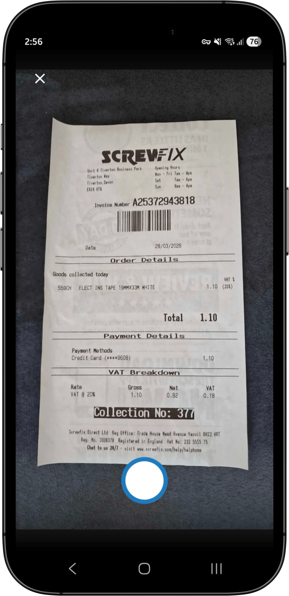 Capturing a paper receipt with the camera in Clear Books Mobile